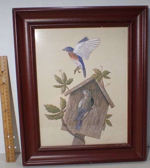 Authentic Dick Giehl, American 1918-2002, Relief Painting of Bluebirds on14x10 Cow Leather Canvas