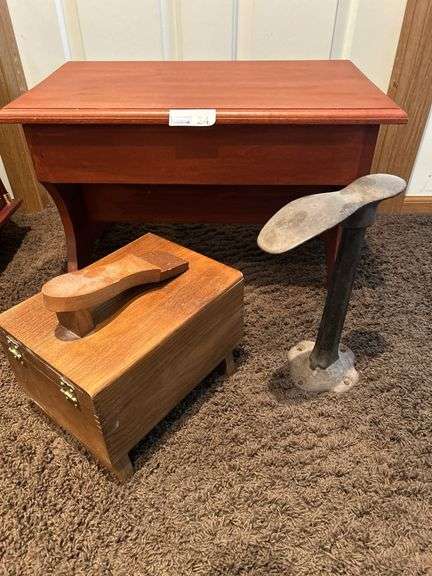 Bench & Cast Iron Cobbler Shoe Stand / Polish Kit