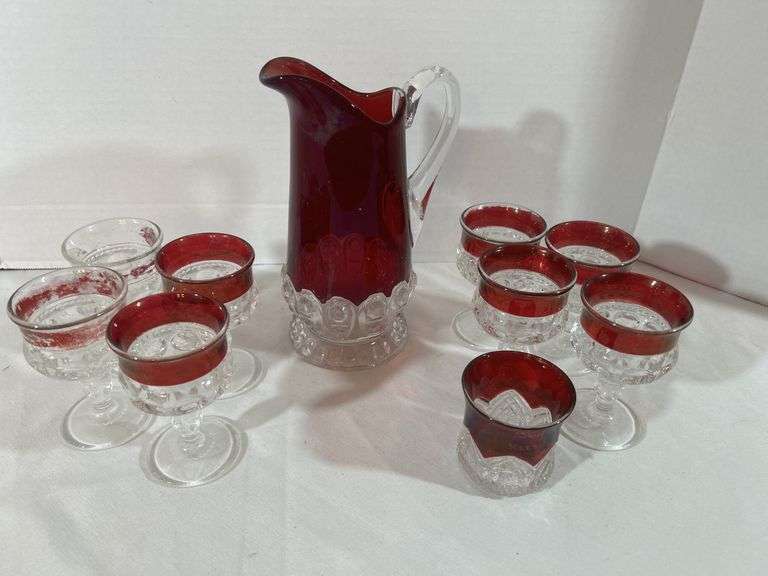 Bavarian Cut Glass Pitcher & Glasses