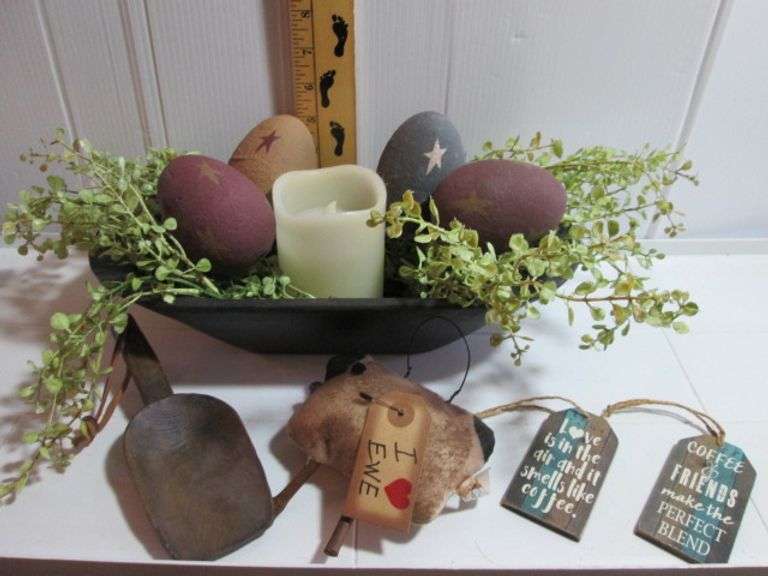Wood Country Decor Bowl Foam Painted Eggs, Hearthside Sheep Battery Candle