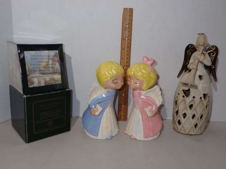 NEW Thomas Kinkade Cards Box - Ceramic Lusterware Kissing Angels - Tealight Angel Candleholder