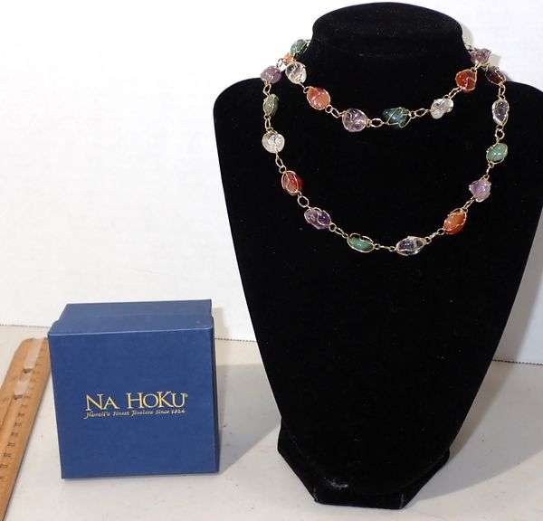 Na Hoku Hawaiian Jewelry - 26" Gold Caged Semi Precious Stone Necklace