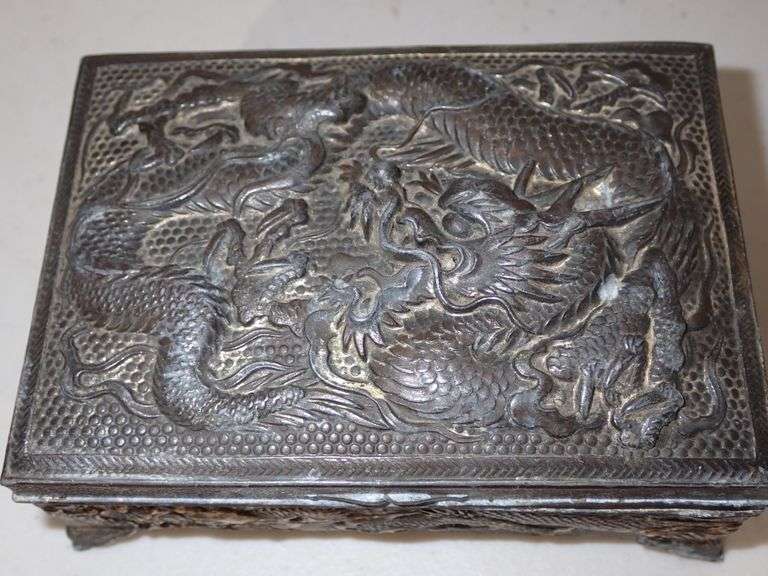 Antique Japanese Cigarette Tobacco metal tin trinket jewelry box wood lined