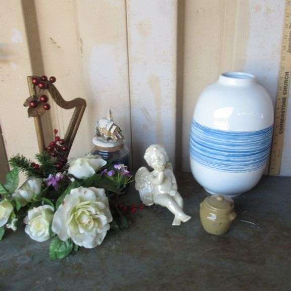 Large vase, angel, small cheese crock chipped, and candle.