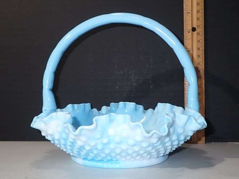 Vintage Fenton Blue White Slag Glass Ruffled Hobnail Crimped Handle Basket - Excellent condition
