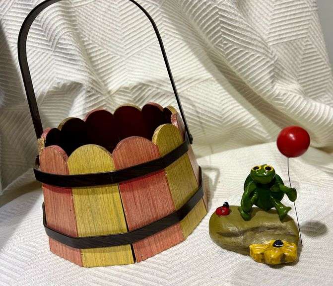 Wood Basket and Frog Figure
