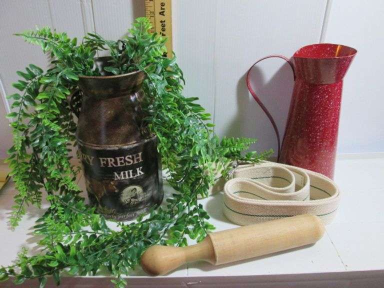 Decor Dairy Can Enamel Speckled Pitcher, Wood Pestle Etc.