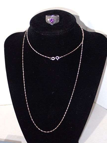 30" Sterling Silver Necklace & Sterling Silver Amethyst Heart Ring sz8 Marcasite Floral Filigree (8.