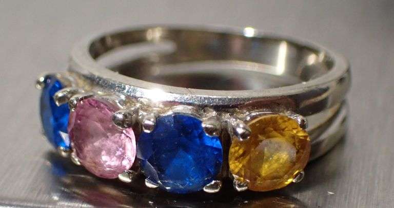 14k White Gold Four Stone - Pink Yellow & Blue Sapphire Ring (3.6g)