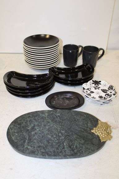 Marble Cheese Board & Black Dishware