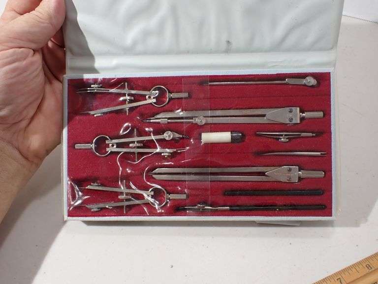 Tacro #2130 Drafting Compass Tools - 10 Pieces in Case - Germany - 100% Complete