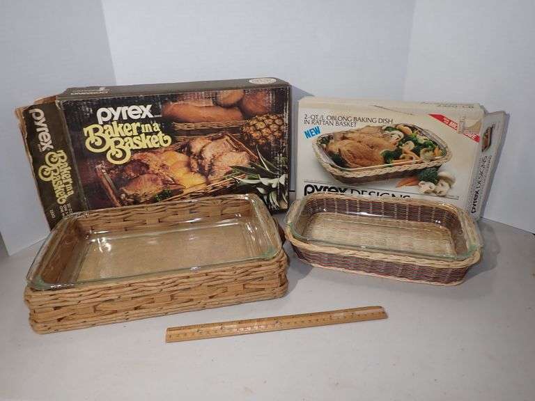 Pyrex Baker in a Basket & Byrex Designs w/basket - Both are Like new w/box