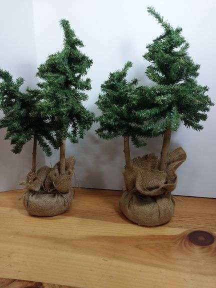 Set of 2 Double Trunk Faux Christmas Trees Base Wrapped in Burlap.