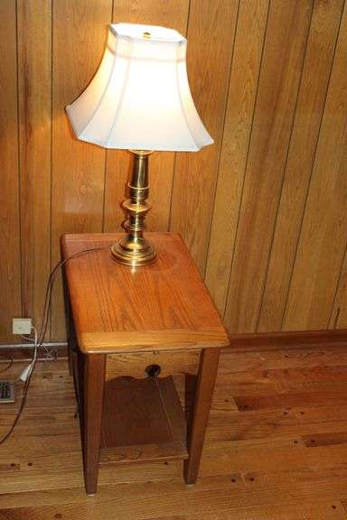 Oak Side Table & Brass Lamp