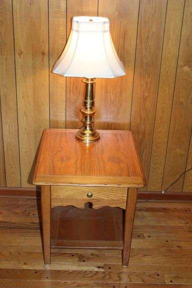 Oak Side Table & Brass Lamp