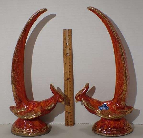 Matching MCM Pheasants by Gilner Of California Pottery Orange and Gold Ceramic - MINT condition