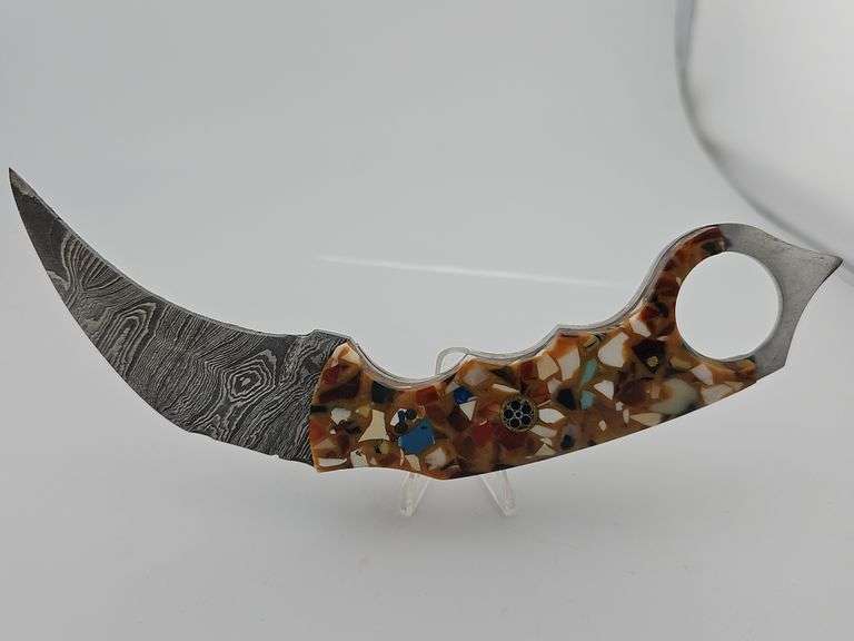 Damascus Karambit Full Tang Knife w/ Leather Sheath