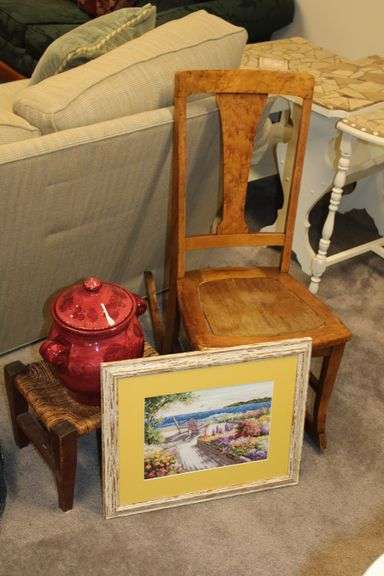 Garden Print, Antique Rocking Chair, Canister & Stool