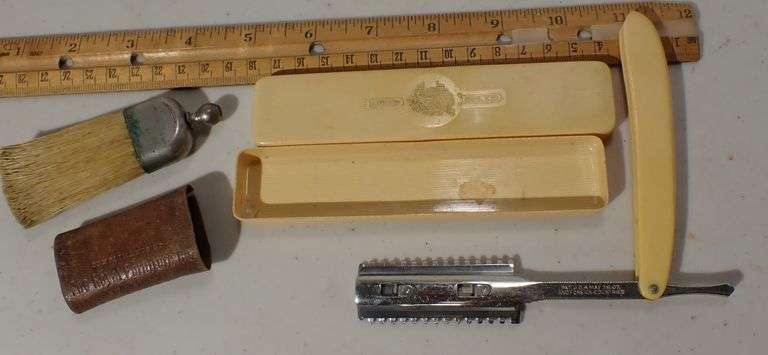 1920s Horsehair Manicure Brush & Durham Duplex Straight Razor French Ivory Celluloid Handle & Case