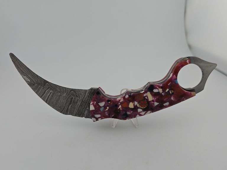 Damascus Karambit Full Tang Knife w/ Leather Sheath