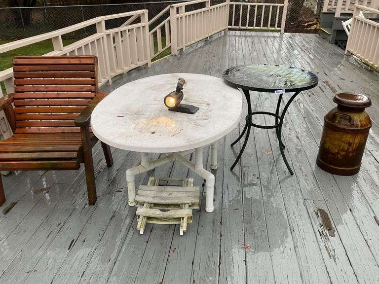 Outdoor Table, Milk Can, Park Bench, Wood Chair.