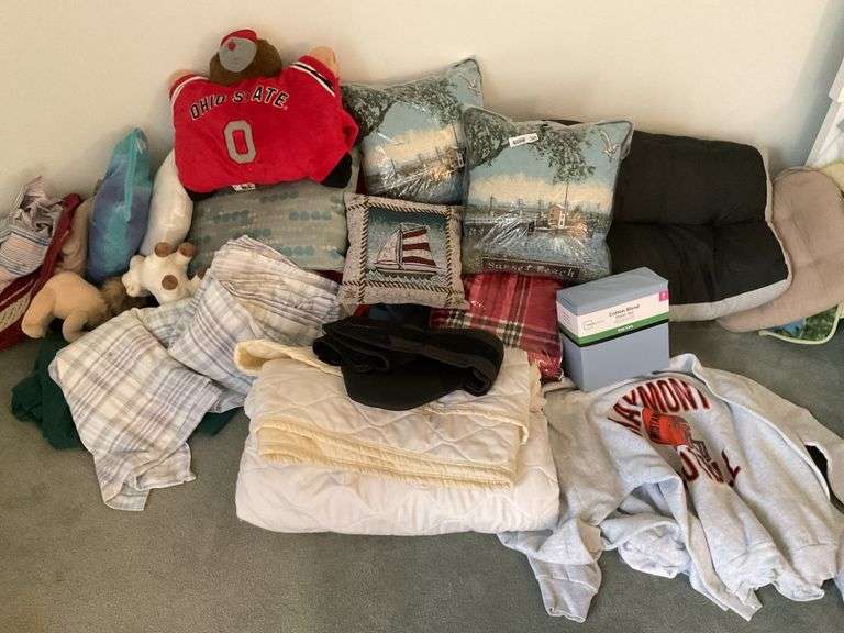 Linens, Pillows & Sweatshirt.
