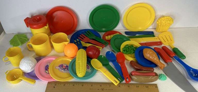 Vintage Colorful Child's Play Time Set Toy Dishes & Food