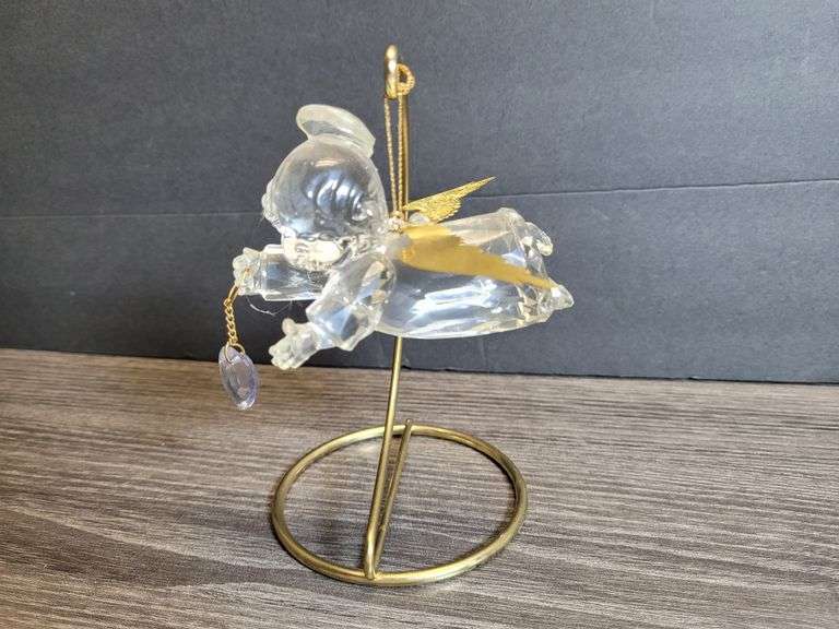 Glass Angel Hanging from Metal Hook with Lavender Heart in the Right Hand.