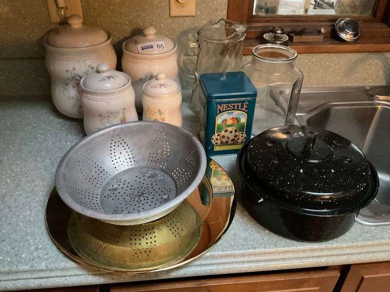 Canister Set, Glass Pitcher, Roaster, Collander - Good Condition.