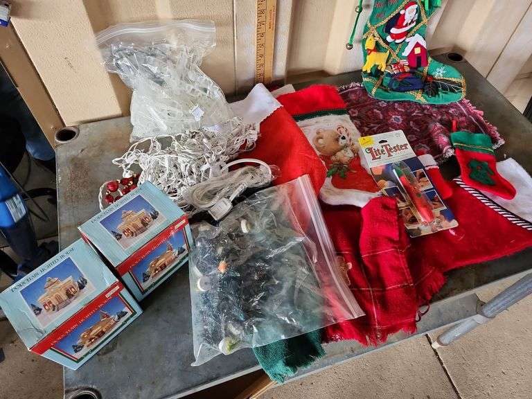 2 Porcelain Christmas Village Houses, Village Trees, Lights, Light Tester, Stockings, Hand Towels et