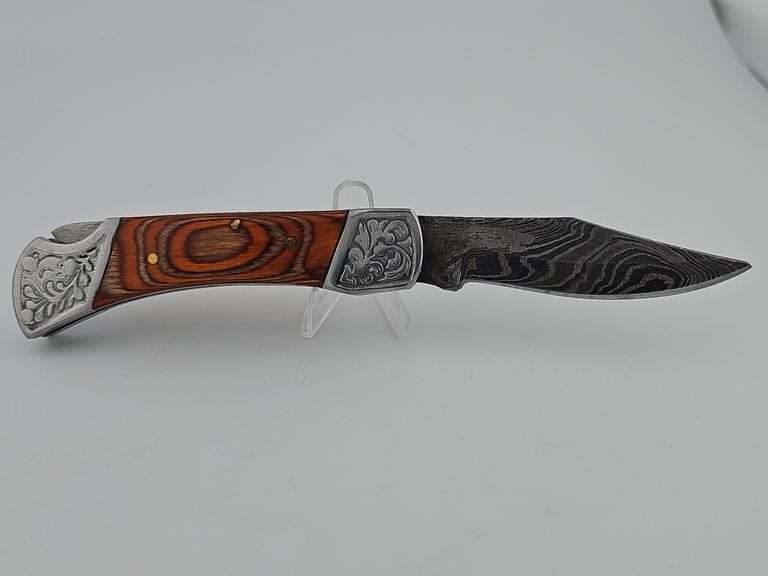 Damascus Pocket Knife w/ Leather Sheath