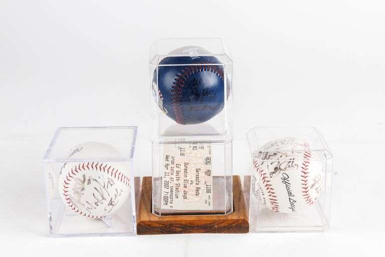 Ken Griffey Sr. Autographed Ticket and 3 Minor League Signed Balls
