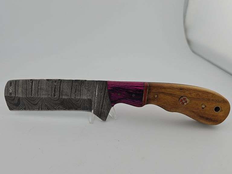 Damascus CowBoy / Bull Cutter Knife w/ Leather Sheath