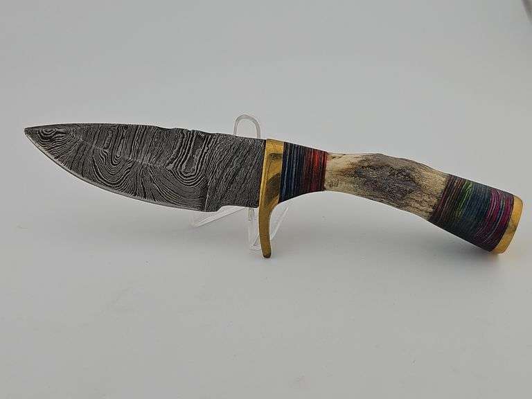 Damascus Bone Handle Handy Knife w/ Leather Sheath
