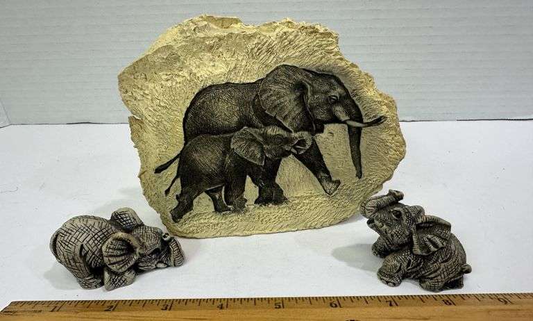 Faux Stone Etched Elephant Sculpture & Miniature Baby Elephant Figurines