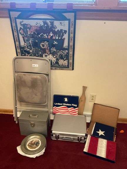 New Flags, File Box, Metal Case, Folding Chair & Pewter Plate.