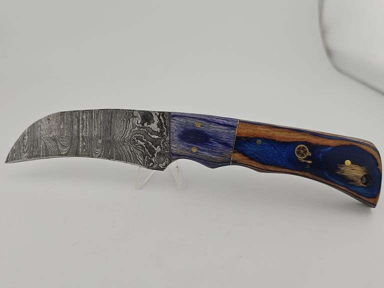 Damascus Curved Blade Utility Knife w/ Leather Sheath
