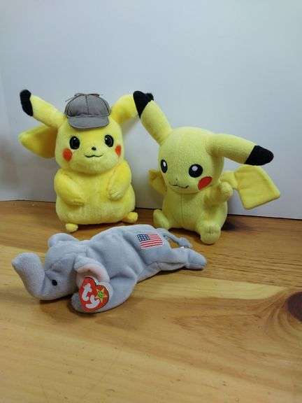 3 Stuffies: Pikachu, Detective Pikachu and Beanie Baby "Righty"