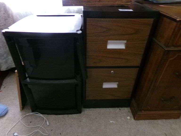 2 Drawer Filing Cabinet With Contents, 2 Drawer Plastic Bin & Wood Crate