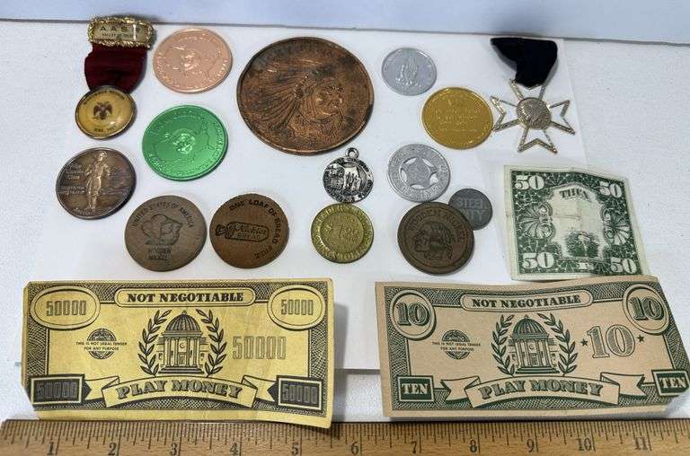 Collectible Tokens, Medals, Good Luck & Play Money Trinket Lot