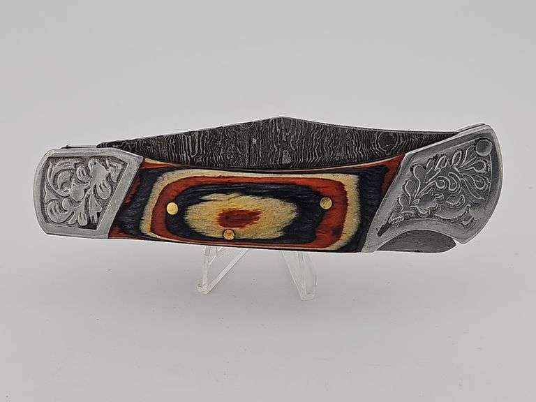 Damascus Pocket Knife w/ Leather Sheath
