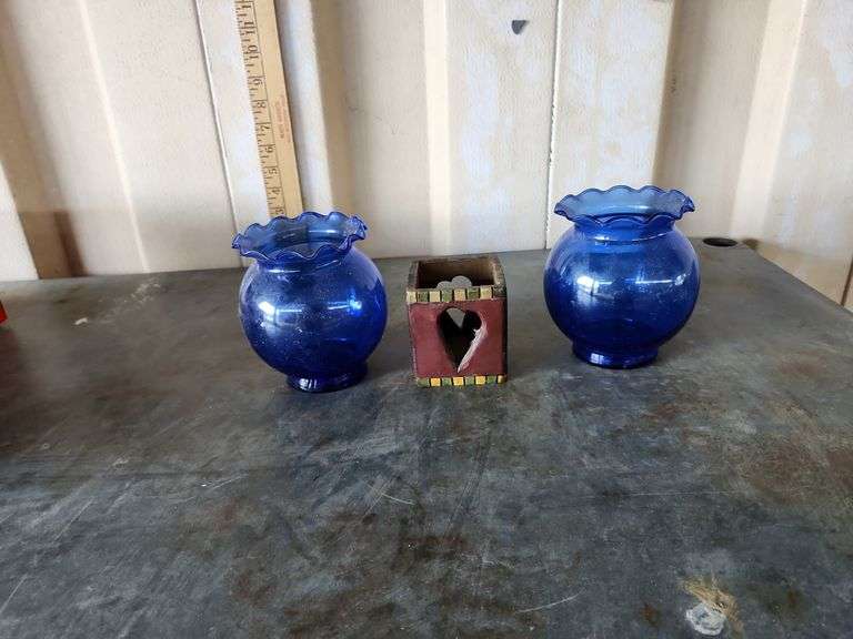 Pair Of Blue Vases And Resin Candle Holder