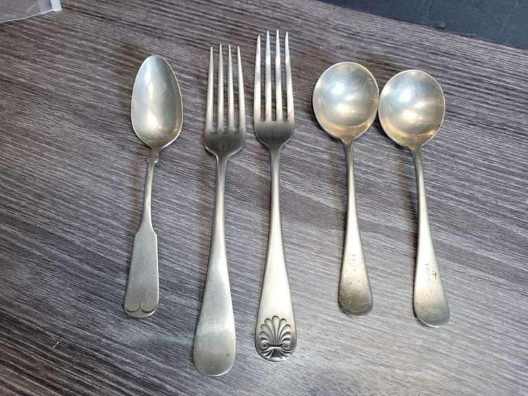 Nickle Silver: One Fork WM A Rogers; Two Soup Spoons "Faith"; 1 Regular Nickel Silver Spoon; For - C