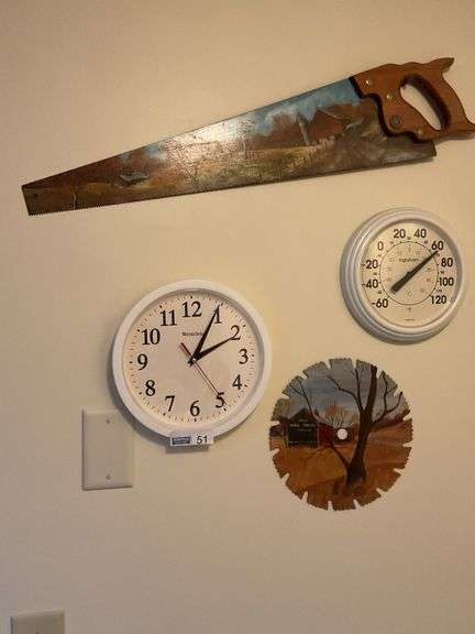 Clock, Thermometer, 2 Painted Saw Blades - Good Condition.