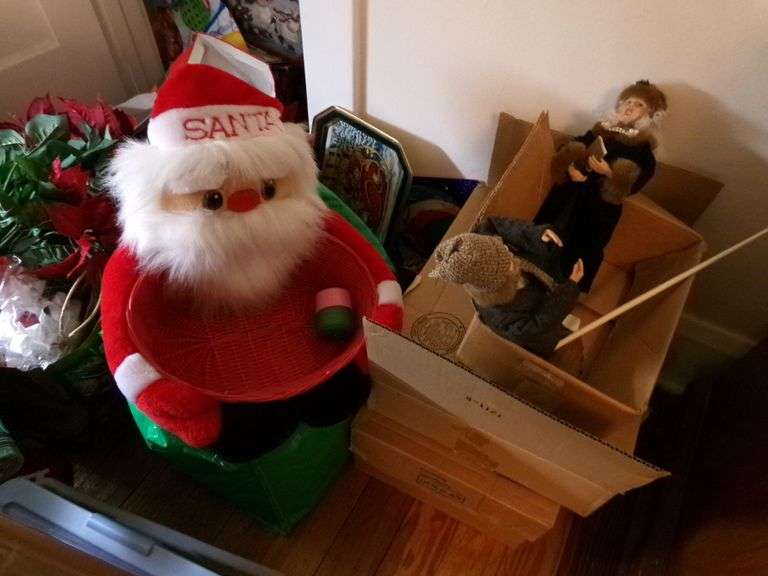 Misc. Christmas Items, 4 Drawer Plastic Bin, 4 Tier Rod Iron Shelf