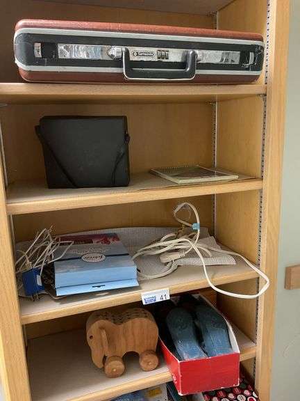 Contents Of Closet, 3 Sweepers, Shoes, Step Stools, Storage Shelf, Frames.