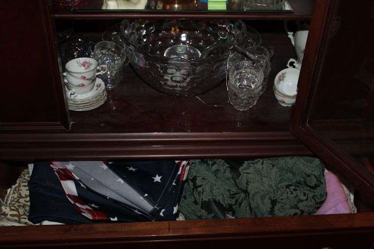 Glass Punch Set, Floral China Tea Set & Table Linens
