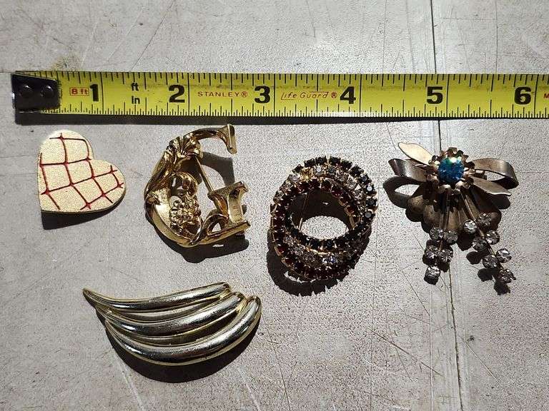5 Brooches 1 Variety Co., 1 Made in USA Others Not Marked