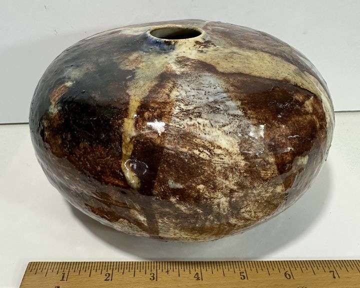 Mid Century Studio Art Pottery 8" W Abstract Blended Glaze Large Weed Pot