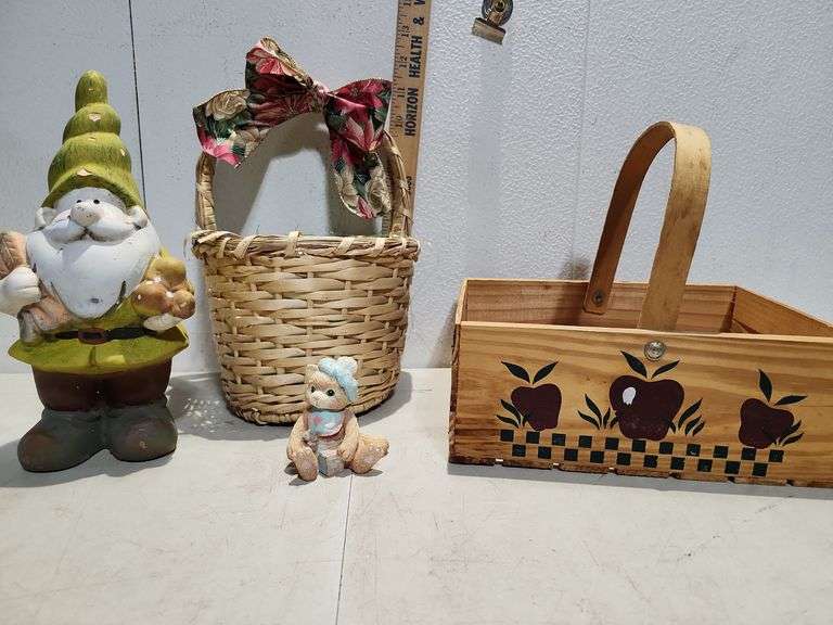 1996 Wooden LTD Apple Basket with Garden Gnome, 1992 Priscilla Hillman ''A Bundle of Love'' and a Wa